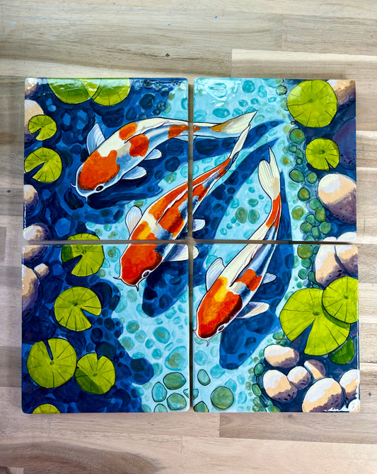 Three Koi Handpainted Tile Set