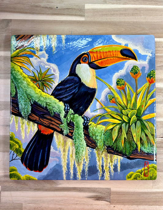 Toucan and Bromeliad on a Mossy Branch Handpainted Tile