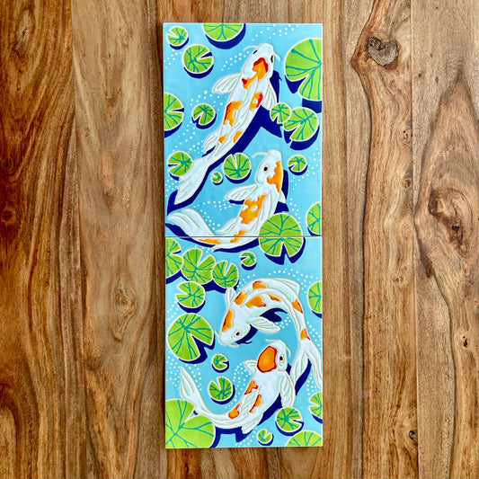 Four Koi on Blue, Cuerda Seca Handpainted Tile Set