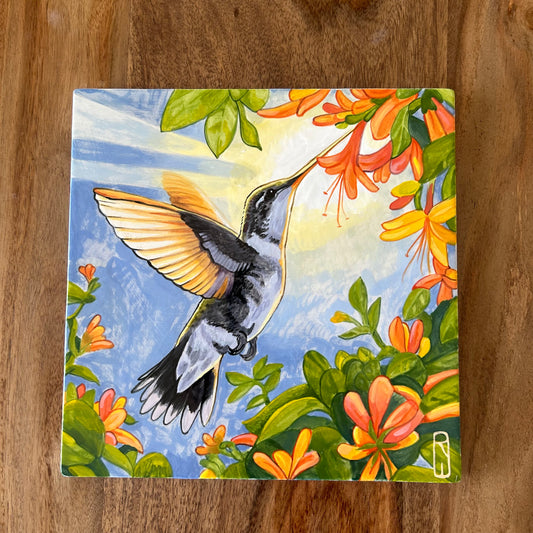 Hummingbird and Honeysuckle Single Handpainted Tile (second)