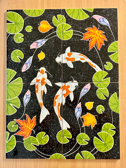 Three Koi on Black, Cuerda Seca Handpainted Tile Set (second, read description)